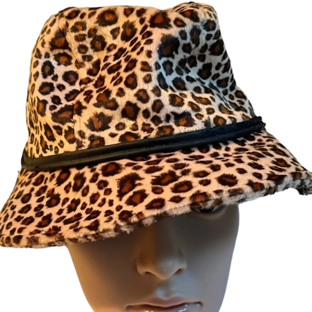 Amanda Smith OS black & brown leopard velour print hat crushable velvet ribbon